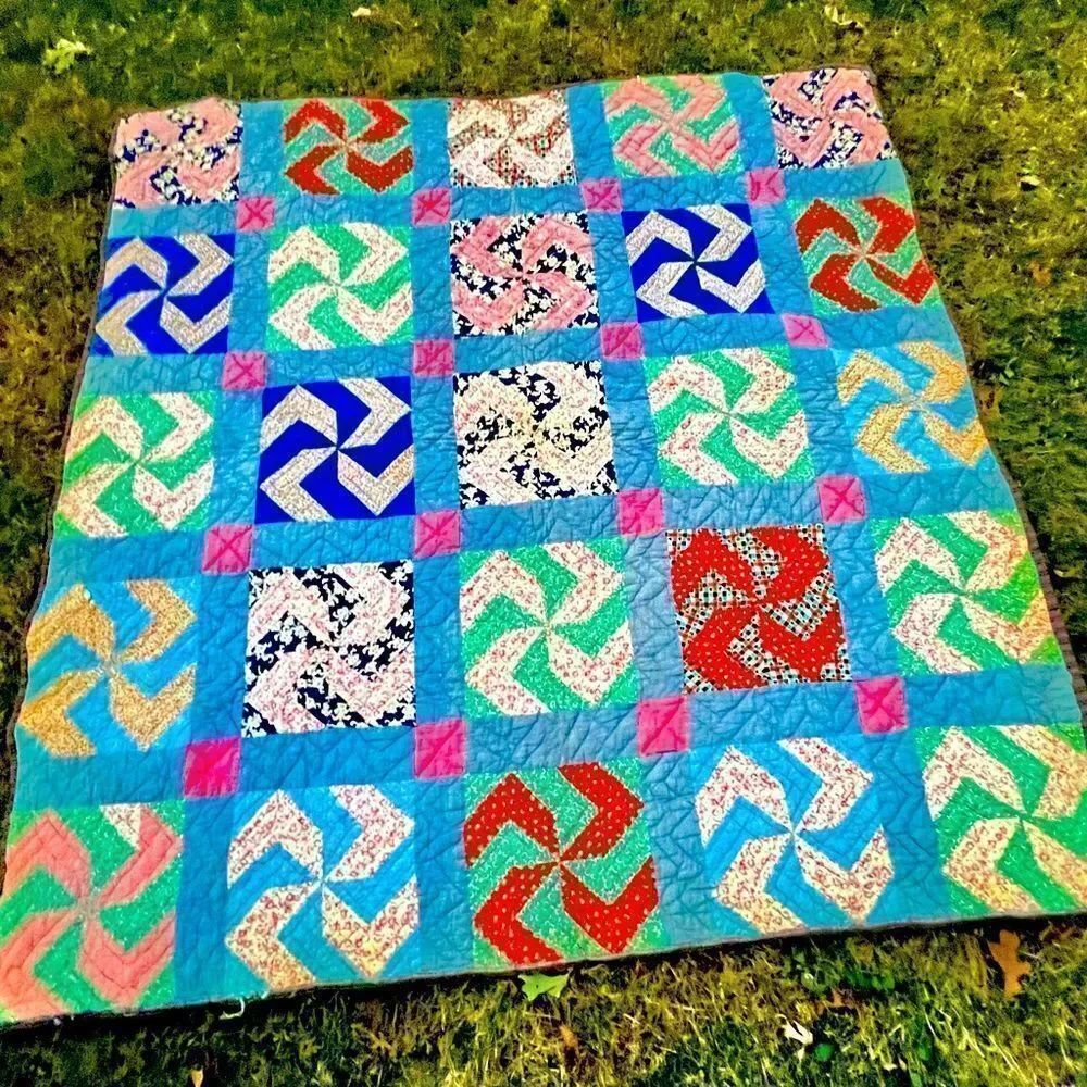 Vintage Hand Stitched Pinwheel Quilt  - 72” 1930’s-1940’s Folk Art Vibrant